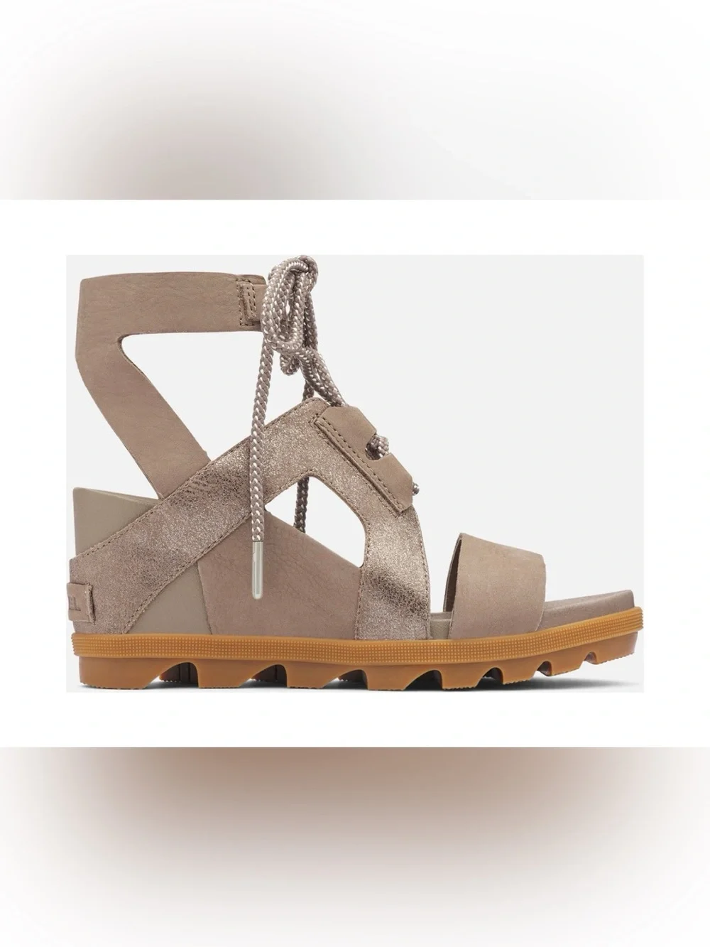 Sorel “Joanie II” wedge tie sandals, 8.5, ash color